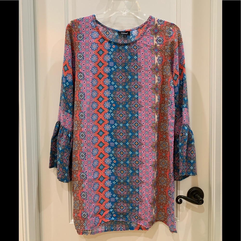 Tolani SILK Geometric Print Bell Sleeve Tunic Dress Anthropologie Size Small
